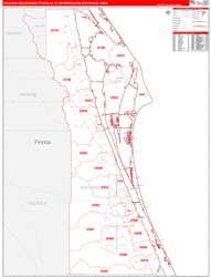Palm Bay-Melbourne-Titusville Metro Area Wall Map Red Line Style 2024